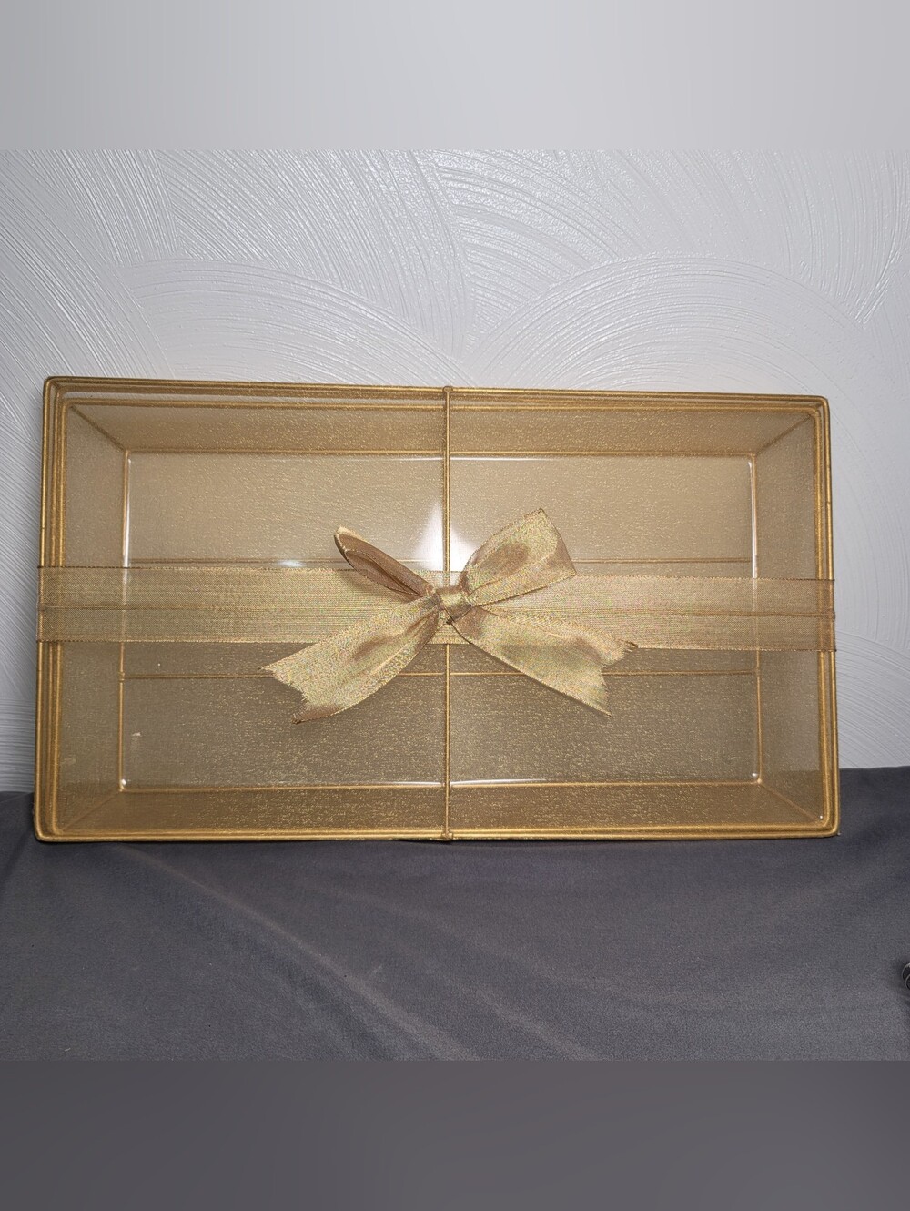 Vintage Estee Lauder 17" Gold Nylon Mesh Dresser Box
